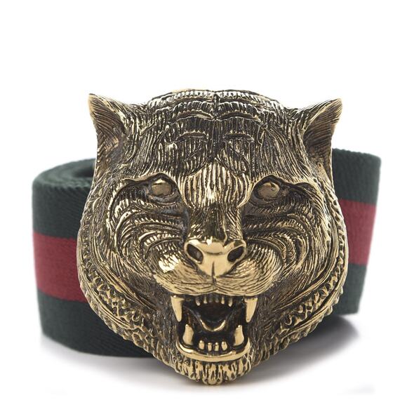 Gucci Web Stripe Feline Tiger Buckle Belt Size 80/32 Red Green - Picture 1 of 6